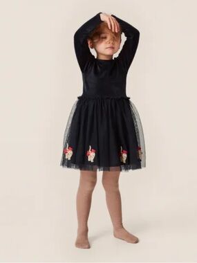 Konges Slojd Florine Velour Mesh Dress Navy Blue Embroidered Cats Size 3T